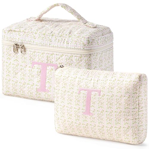 HBselect 2Pcs Initial Quilted Makeup Bag, Pink Cosmetic Travel Toiletry Bag, Flowers Coquette Zipper Make Up Pouch Organizer Teen Girl Gift Trendy Stuff T