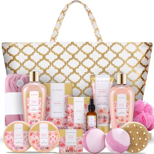 Spa Luxetique Spa Baskets for Women Gift, Womens Spa Gift Baskets, 15pcs Rose Spa Sets, Spa Kit Includes Body Oil, Bubble Bath, Bath Sets for Women, Mothers Day Gifts