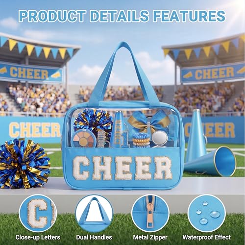 KYTACCU Sky Blue Cheer Makeup Bag with Chenille Letter & Clear Travel Pouch for Girls & Women