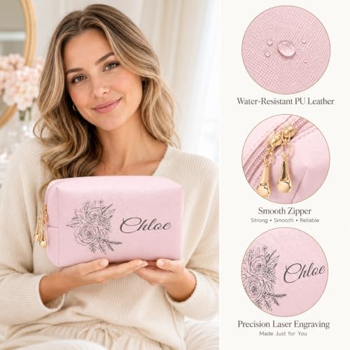 Motifool Personalized Pink Makeup Bag for Women Bridesmaid - Custom Travel Toiletry Pouch with Name & Birth Flower, Style 2