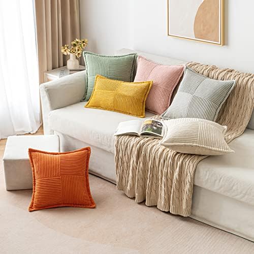 MIULEE Corduroy Pillow Covers with Splicing Set of 2 Super Soft Boho Striped Pillow Covers Broadside Decorative Textured Throw Pillows for Spring Couch Cushion Livingroom 22x22 inch, Beige