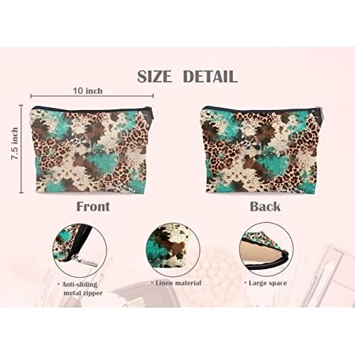 Western Cowhide Leopard Turquoise Glitter Pattern Fashion Makeup Bag Make up Cosmetic Bag Small Zipper Pouch,Gifts for Girls Women