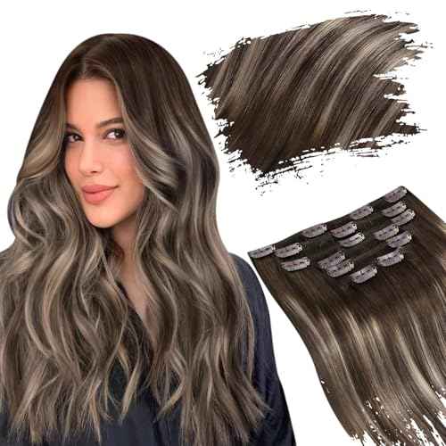 Ugeat Balayage Clip in Hair Extensions 22 Inch Double Weft Human Hair Extensions Clip ins Dark Brown Human Hair Clip in Extensions Ash Brown Ombre 7Pcs 120G 4/18/4