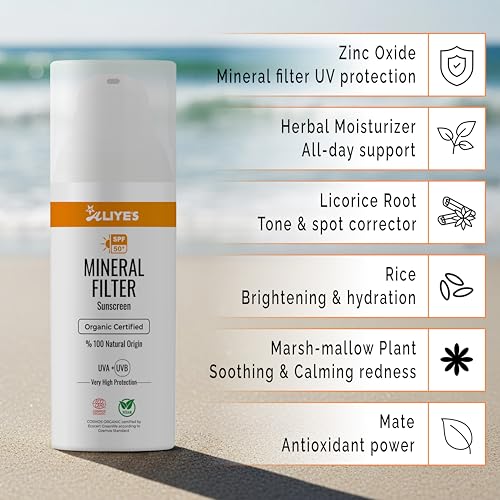 Aliye¡¯s Organic Sunscreen SPF 50+ | Ecocert Cosmos Certified | 100% Mineral & Vegan Sun Protection | Safe for Sensitive Skin | 50ml (White)