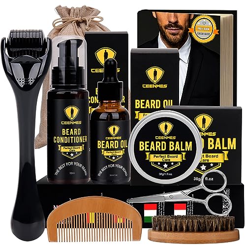Ceenwes Upgraded Beard Grooming Kit - Conditioner, Oil, Brush, Comb, Balm, Scissors, Storage Bag for Beard and Mustache Trimming, Perfect Men's Gift