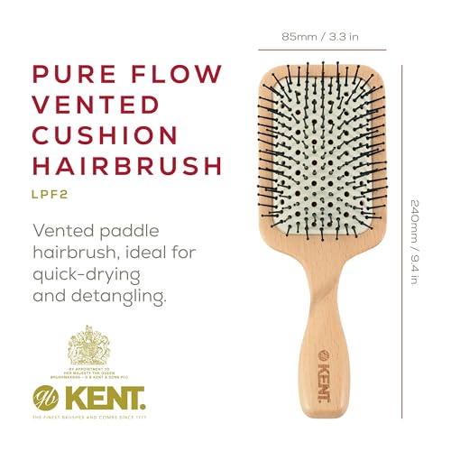 Kent LPF2 Large Cushion Paddle Hair Brush, Vented Taming Fine Pins Detangle Brush for Long Thick and Curly Hair, Scalp Massager and Growth Stimulator Wet or Dry Hair Detangling. Made in England