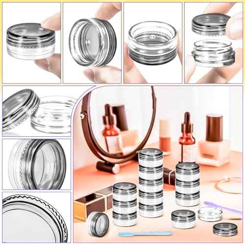 MotBach 100 Pack 3g Plastic Jars with Lids, 3ml Round Clear Cosmetic Containers Makeup Jars, 3 Gram Travel Size Container Jar with Spatulas for Sample Lotion Cream Eyeshadow Ointment Salve Balm Powder