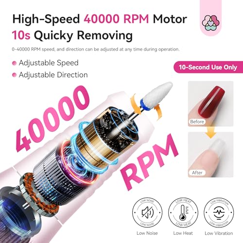 SAVILAND Pink Shiny Cordless Nail Drill 40,000 RPM for Thick Acrylic Nails