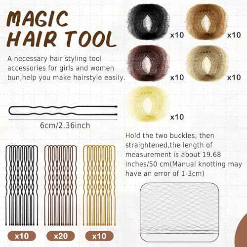 Zonon Bun Hair Nets Invisible Elastic Edge Mesh and U Shaped Pins Set, 50Pcs Individual Package Invisible Hair Nets, 40Pcs U Shaped Pins for Ballet Bun, Sleeping, Women and Wig (Multicolor)
