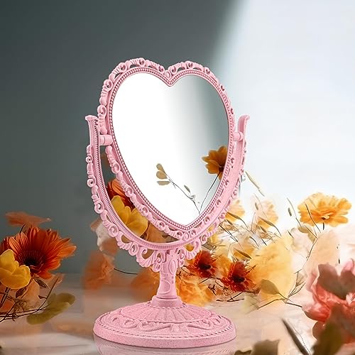 Pink Heart Vanity Mirror 360° Swivel Double Sided Makeup