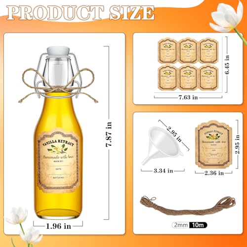 tchrules 12-Pack 8oz Clear Glass Vanilla Extract Bottles with Funnel,Twine & Labels Swing Top Glass Bottles Vanilla Essential Bottles Storage Containers for DIY Aromatherapy, Soap & Candle Making