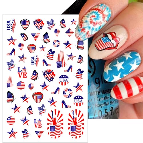 IDDFEVE 8 Sheets 4th of July Nail Stickers, Independence Day Patriotic Nail Decals, 3D Design Self-Adhesive USA Flag Star Nail Art