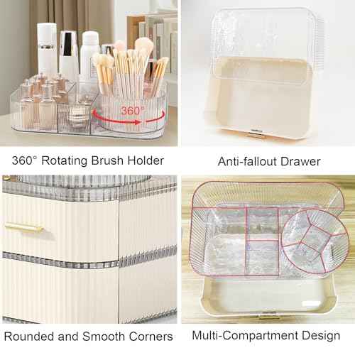 DASITON Makeup Organizer with Drawers and Rotating Makeup Brush Holder,Large Capacity Stackable Cosmetic Organizer Countertop,Bathroom Organizers and Storage,Make up Organizers for Vanity (Clear 03)