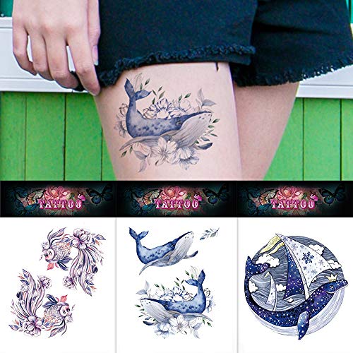 9 Sheets Temporary Tattoo Blue Purple Sea Turtle Goldfish Dolphin Whale Shell Octopus Starfish Suit for Arm Neck