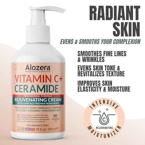Alozera Vitamin C Body Lotion with Ceramides & Stem Cells, Anti-Aging Moisturizing Body Cream for Noticeably Brightening & Visibly Even Skin Tone, Lightweight, Fragrance Free, 16.9 oz, 2 Pack