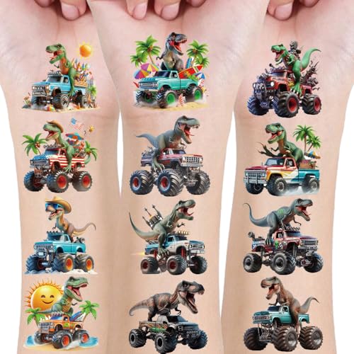 20 Sheets Monster Truck T-Rex Dinosaur Race Car Temp Bulk Temporary Tattoos Sticker,Super Cute Themed Birthday Party Favors, Supplies, Decorations, Fake Tattoo Stickers, School Rewards Prizes & Gifts