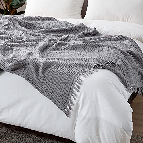 EMME Muslin Throw Blanket 100% Cotton Throw Blankets for Couch Breathable Gauze Blanket with Tassel All Season Soft and Lightweight Pre-Washed Cotton Blanket (Grey, 50"x60")