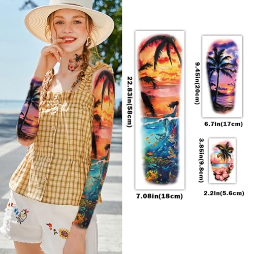 48 Sheets Holiday Ocean Temporary Tattoo for Men Women, 8 Full Arm Flower Skull Sunset Fake Tattoos, 10 Half Arm Beach Turtle Fake Tattoos, 30 Tiny Body Stickers Adult Kid Realistic