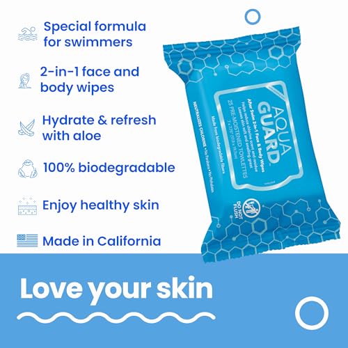 AQUA GUARD After-Swim Face & Body Wipes | Neutralize chlorine scent and residue | Moisturizing RINSE-FREE Formula (1 Pack of 25)