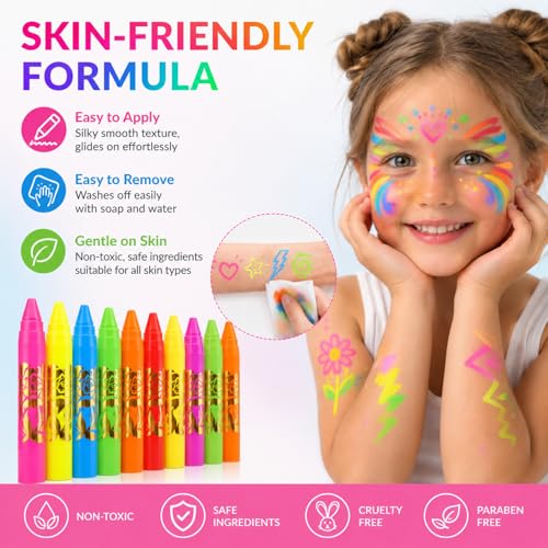 UV Neon Face & Body Paint Sticks – 10 Glow Colors