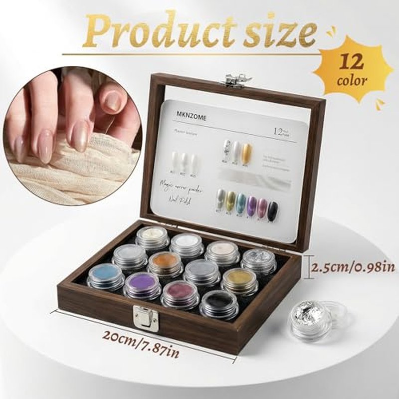 12 Colors Chrome Nail Powder, Iridescent Aurora Metallic Mirror Effect Holographic Pigment Glitter Gold Silver for Home Nail Art Decoration DIY Salon Manicure, Gift for Women
