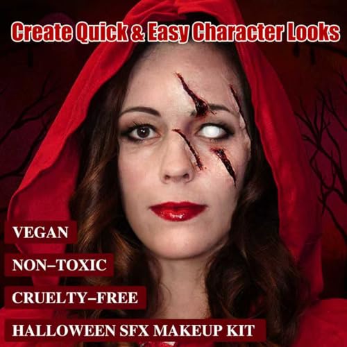 Special Effects SFX Halloween Makeup Kit, Professional Horror SFX Makeup Set with Scar Wax+Bruise Palette+Fake Blood Spray+Realistic Blood Gel for Wounds, for Realistic Zombie, Vampire&Demon