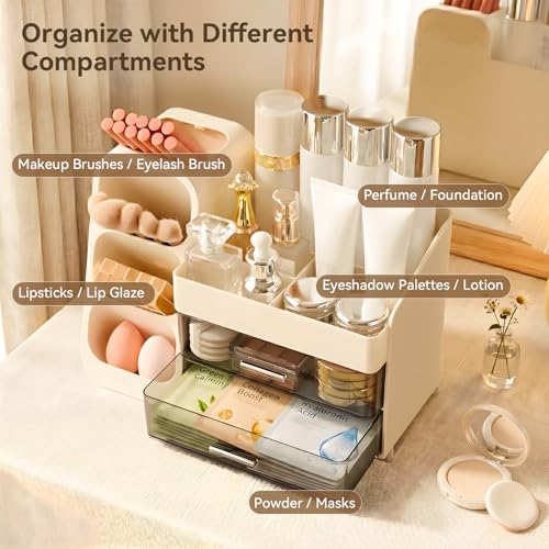 Large Makeup Organizer with Brush Holder & 2 Drawers - Cream
