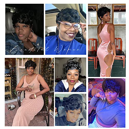 MOONSHOW Short Pixie Wig for Black Women - Curly Synthetic Hair