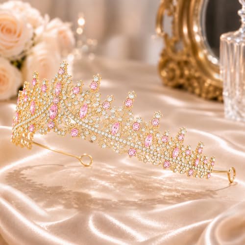 Gold Pink Rhinestone Crown Tiara for Women Wedding