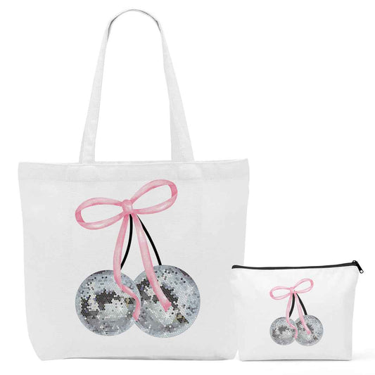 Cute Pink Coquette Bow Cherry Canvas Tote Bag Beach Tote Bag for Women with inner Pocket, Preppy Stuff Gifts for Women Teen Girls Sister Friendship Reusable Shopping Grocery Bags Travel Makeup Bagss