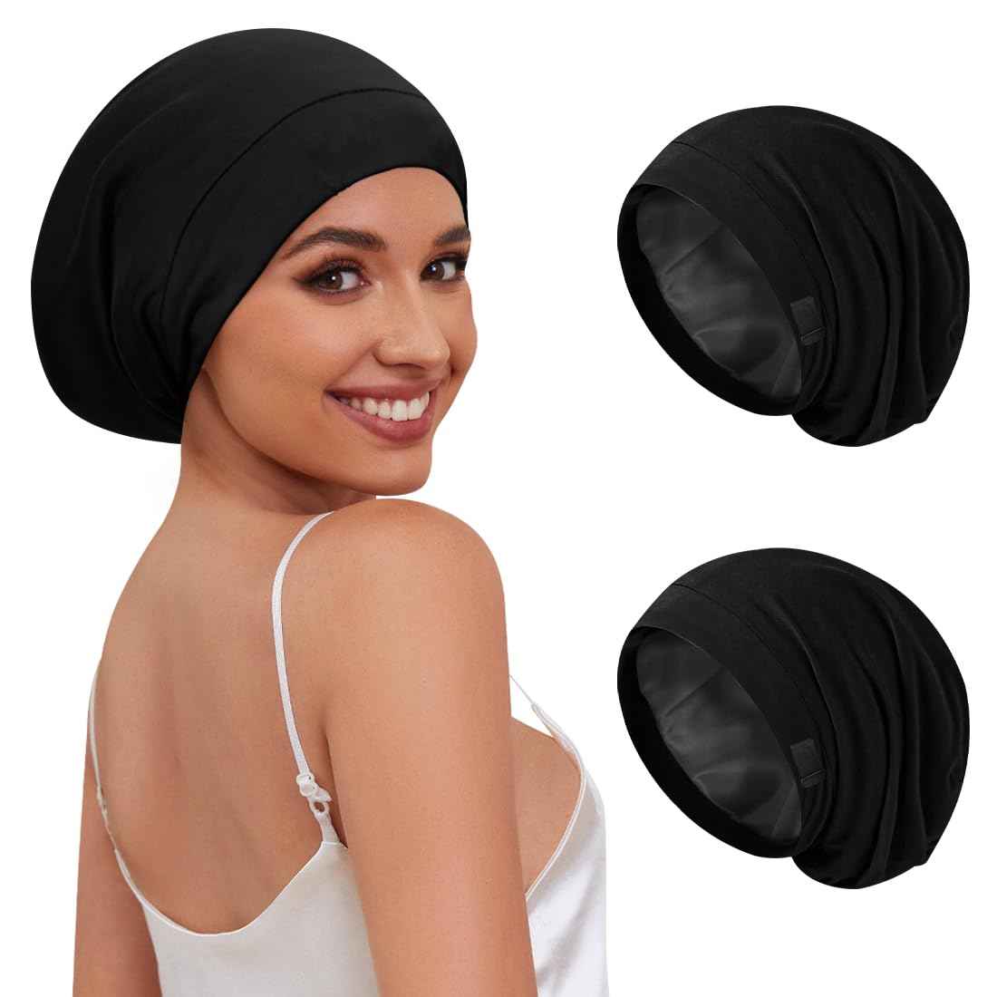 Kafteri 2 PCS Satin Silk Bonnet for Sleeping Women,Double Layer Hair Wrap Sleeping for Women Men, Silk Satin Lined Beanie Sleep Cap for Curly Hair Adjustable