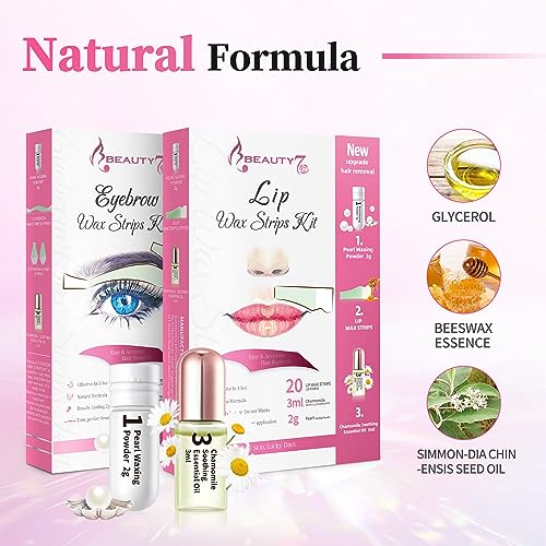 Beauty7 Wax Strips Kit, 2 SETS IN ONE PACKAGE. Eyebrow & Lip Facial Hair Removal with Pearl Powder Essential Oil for All Skin Types Women