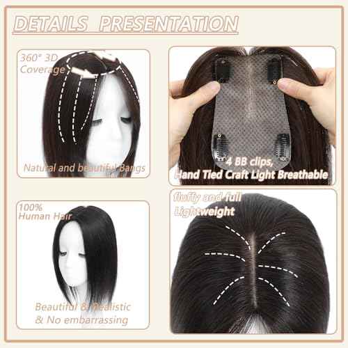 Hair Toppers for Women Real Human Hair,360¡Æ3D Big Basement Cover Topper for Women with Thinning Crown with Wispy Clip in Bangs Realistic Scalp (Dark brown, 3D Wispy Bangs 14INCH)