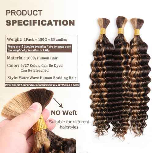Human Braiding Hair 3 Bundles/Pack 150g Highlight 4/27 Curly Water Wave Human Bulk Hair for Braiding No Weft 12A Brazilian Virgin braiding Hair for Boho Braids (Highlight 4/27 Color, 16 inch)