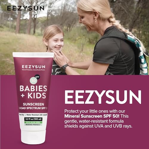 SPF 50 Mineral Sunscreen for Kids & Babies - Non-Greasy, Water Resistant, Gentle for Sensitive Skin Baby Sunscreen with Aloe Vera - Cruelty-Free - Sun Protection for Face & Body - 3.3 fl oz