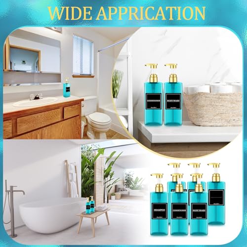 Gejoy 12 Pack Blue Shampoo and Conditioner Dispenser Bottles, 17 Oz/ 500ml Refillable Empty Pump Bottles with Labels and Marker Pen, Plastic Square Pump Dispenser Bottle for Bathroom Body Wash Shower
