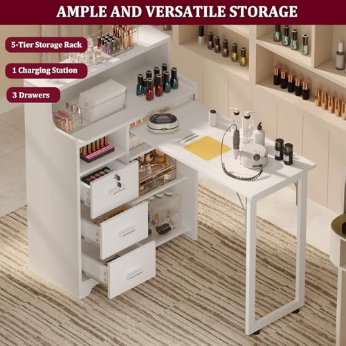 Foldable L-Shape Manicure Table with Storage Drawers & Charging Station