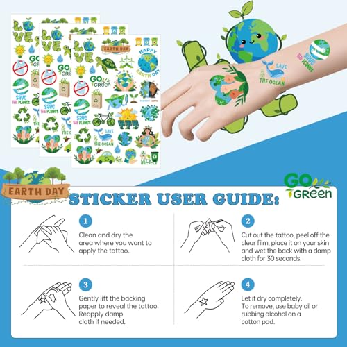 Earth Day Temporary Tattoo Stickers, 8 Sheets 200+ Designs