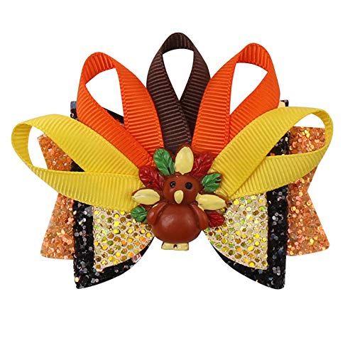 Thanksgiving Turkey Hair Bow Clips Toddler Girls Kids Glitter Large Ribbon Hairpin Fall Yellow Hair Barrettes Accessories for Thanks Day Party Favor Gift (Bowknot Turkey)