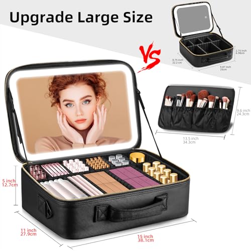 Upgraded Large Travel Makeup Bag with LED Mirror, 15¡± Professional Makeup Case with 3 Color Modes Dimming Lighted Mirror, Light up Cosmetic Make up Organizer with PU Leather Cover, Adjustable Dividers