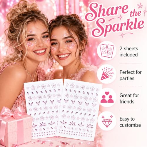 3D Pink Flower Face Gems Stickers - Self-Adhesive Rhinestone Jewels (2 Sheets)