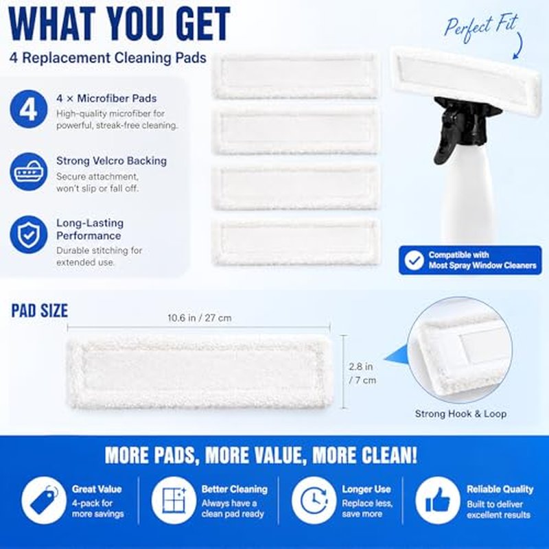 4-Pack Microfiber Window Cleaning Pads - Reusable for 10-Inch Scrubbers