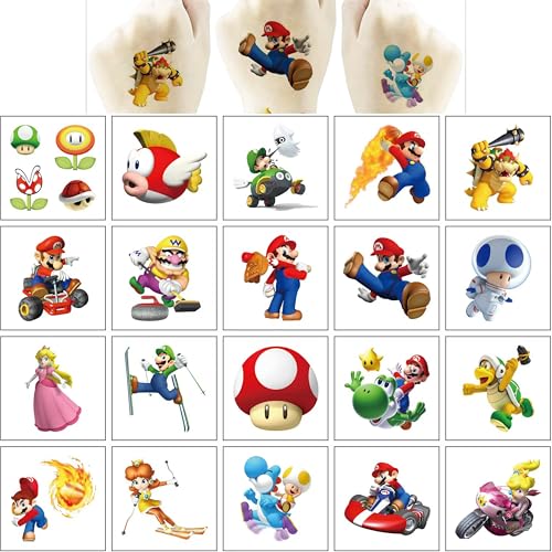 Mario Temporary Tattoos - 20 Sheets Party Favors for Kids