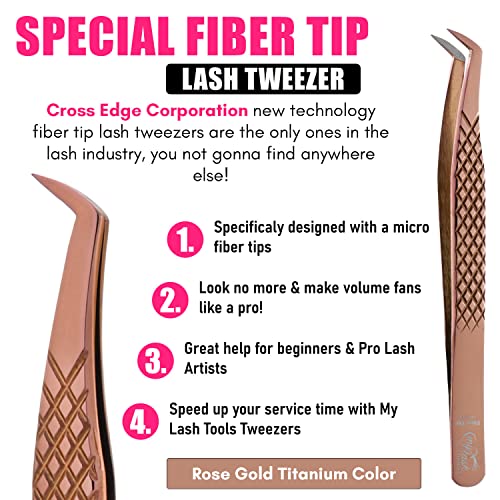 My Lash Tools Fiber Tip Lash Tweezers for Eyelash Extensions Professional Lash Tech Supplies Must Haves Volume Boot Eyelash Tweezers 12cm Stainless Steel Mink Fan Making Lashing Tweezer (Rose Gold)