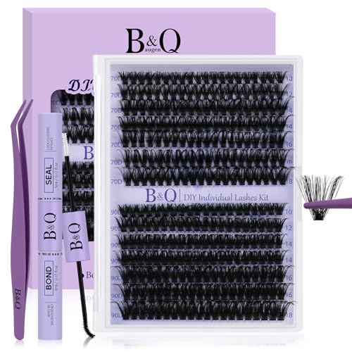 B&Qaugen Lash Extension Kit 280Pcs Volume Individual Lashes Kit Superfine Individual Eyelashes 10-18mm Soft D Curl Eyelash Clusters Kit with Bond and Seal Tweezers for Self Use £¨Kit-70+90D-10-18MIX£©