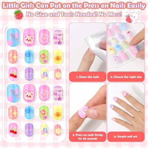 Kids Pink Fake Nails Set with 288 Self-Adhesive Press On Tips for Girls 8-12