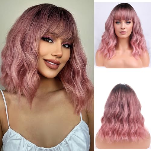 PATTNIUM Ombre Pink Wigs for Women Shoulder Length Curly Short Wavy Bob 12'' Heat-Resistant Synthetic Hair