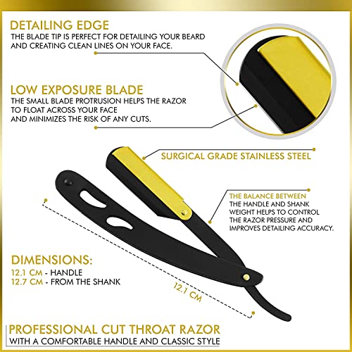 Professional Straight Edge Shaving Razor Barber Razors For Men + Single Blades, Men's Manual Shaver Salon Quality Cut Throat Shavette Navajas Para Barbero Matte Black, 11Pcs (Gold Plated Clip)