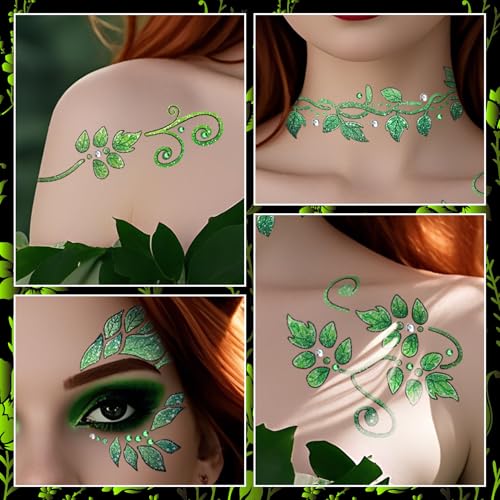 Cerlaza Glitter Leaf Face Tattoos & Gems Halloween Makeup Kit