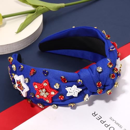 NVENF Pearl Crystal Rhinestone Knotted Headbands, Patriotic Accessories Outfits for Women Holiday Gifts (American Flag Design)